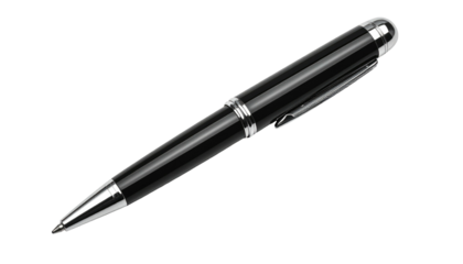 Sleek black and silver pen with a clip and slightly rounded tip, isolated on a dark background, angled gently