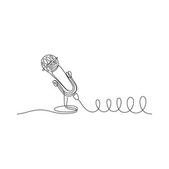 A simple line drawing depicts a vintage microphone with a coiled cable