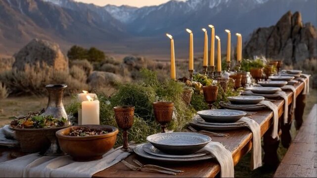 An exquisite outdoor dining experience is beautifully set against a backdrop of majestic, rugged mountains and a vast desert landscape under the warm, fading light of dusk. A long wooden table is meti
