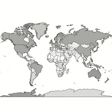 [Vector EPS]World map showing different countries and regions in gray tones