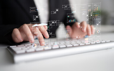 A big data visualization and business analytics dashboard grid. A complex collection of charts and graphs for comprehensive company reporting. Motif