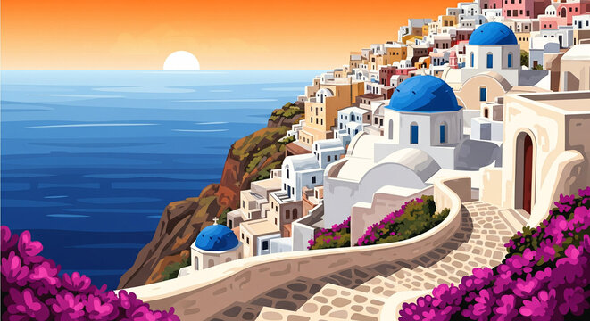 Abstract geometric mosaic painting of Mediterranean coastal town 3D Wallpaper for cover, mural wall art, invitation, poster, canvas print, wall decor painting design