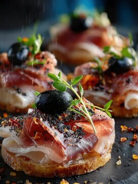 Explore gourmet tapas featuring cured meats and olives in a stylish arrangement on a dark plate