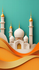 Vertical Islamic background featuring mosque on orange and teal, paper cut style