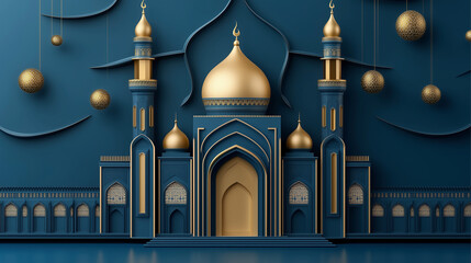 Majestic mosque with golden dome and minarets, suitable for Ramadan background with hanging lanterns