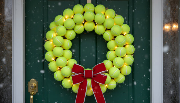 Tennis balls Christmas wreath with lights and red bow hanging on the green door