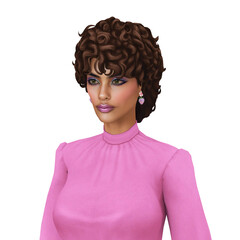A beautiful young black woman with curly hair and a business dress-code blouse in retro 80s style, isolated portrait