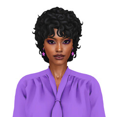 A beautiful young black woman with curly hair and a business dress-code blouse in retro 80s style, isolated portrait