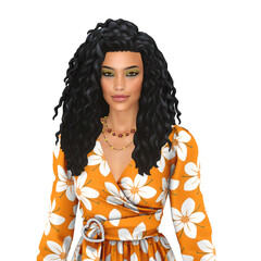 A beautiful young Asian woman with long, posh curly hair in retro 80s style, isolated portrait