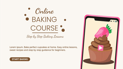 Online baking course poster with cupcake and strawberry dessert. Flat illustration banner for easy baking recipes, cupcake lessons, pastry courses and online cooking education.