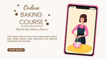 Online baking course poster with baker mixing batter on smartphone screen. Flat illustration banner for beginner baking lessons, cooking classes and food education promotion.
