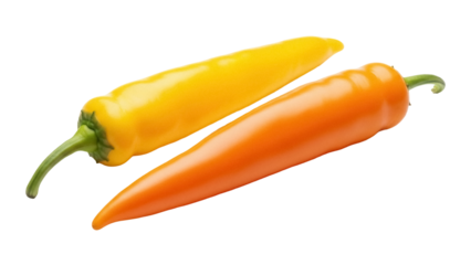 Two banana peppers PNG isolated, yellow and orange chili peppers on transparent background, fresh vegetables for cooking and healthy eating
