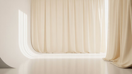 Elegant Curtain: Serene and Minimalist Interior: Light and shadow interplay in this tranquil, minimalist interior. A soft, warm-toned curtain frames the space.
