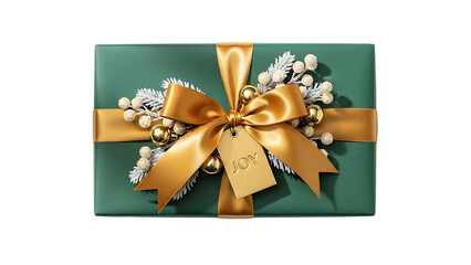 Green gift box with gold ribbon and J O Y tag on black background present