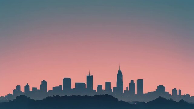 City skyline silhouette against a vibrant gradient sky at sunset or sunrise, showcasing urban architecture.