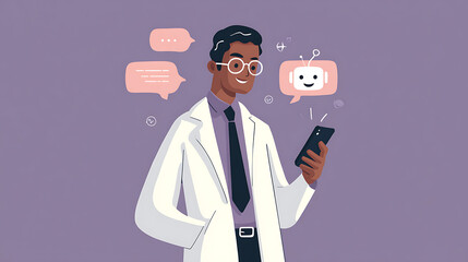 Doctor using smartphone with chatbot communication white coat