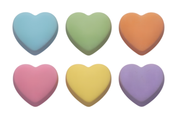Six pastel colored heart shapes are perfectly isolated and arranged on a transparent background, available as a clean png file.