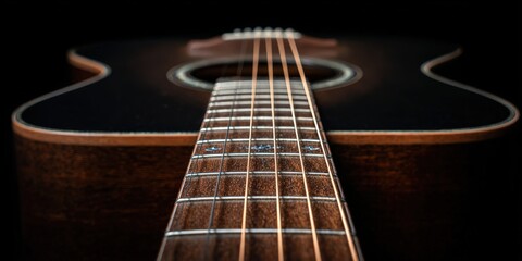 Obraz premium Acoustic Guitar's Artistic Essence: An artistic representation of an acoustic guitar, focusing on the details of the strings, fretboard, and body to capture its musical charm and elegant silhouette. 