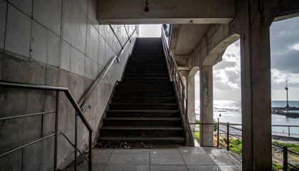 Ascending stairs in a weather-worn building lead to a bright sky and water view, with the sun just beginning to break through