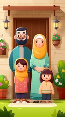 Muslim family taking photo in front of their house