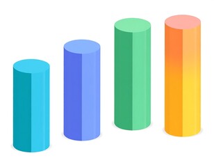 Isometric view shows four colorful vertical cylinders of varying heights against a white background, suggesting data or progress visualization