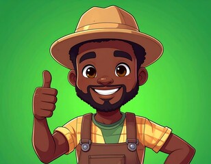 An illustration depicting a smiling Black man in a straw hat and overalls, giving a thumbs up against a green background