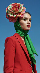 A fashion model wearing a vibrant outfit with a red jacket a green scarf and a large colorful flower accessory in their hair the background is a clear blue sky