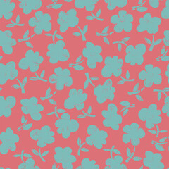 Seamless pattern with hand drawn meadow bold flowers. Floral Block Prints inspired by printmaking in Christmas color combinations