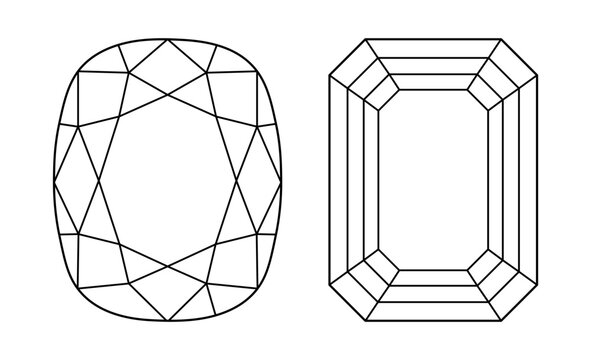 Diamond Emerald, Cushion cut shape icons. Diamond top view. Set of Gemstone outline sample for jewellery design, branding, packaging, logo. Emerald, Cushion brilliant cut patterns. Design diagram