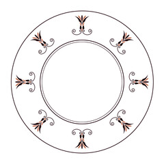Decorative round frame with floral elements plate. Circle european border. Round antique border from Greek. Typical egyptian, assyrian, greek motives. For ceramic, porcelain, embroidery, laser, plate