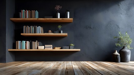 Modern interior design features a matte black wall with floating wooden shelves holding books and a plant, above a large empty wooden floor.