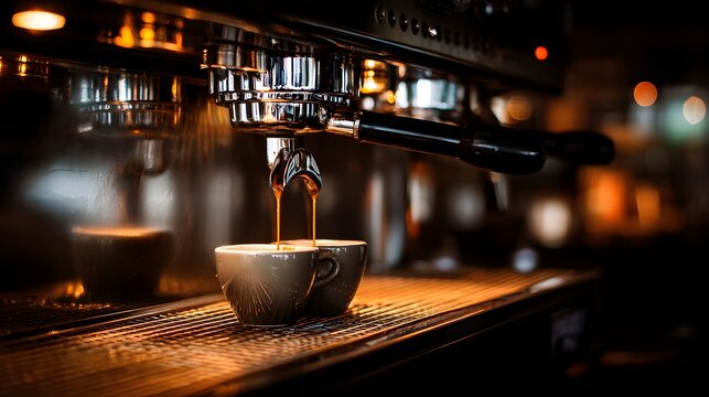 Espresso Machine Brewing Fresh Coffee into a Cup.