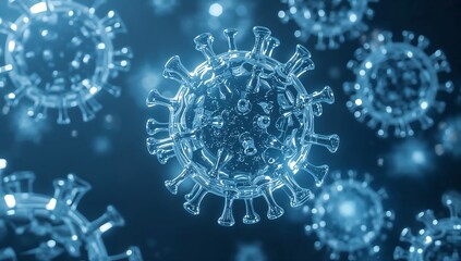 Close-up view of the illustration of the infectious corona virus particles floating in a deep blue background. The illustration evokes a sense of both danger and scientific curiosity.