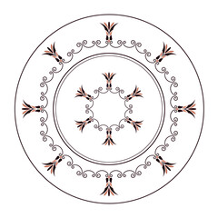 Greek porcelain plate with pattern on white background. Round frame arabesque. Plate with a large floral element in the center. Egyptian pattern. Pattern frame for circle ceramics, textiles, plate