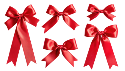 Assortment of six vibrant red silk bows, varying sizes and styles, against a stark black background. Ideal for festive, gift-giving themes