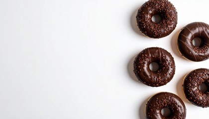 Chocolate donuts flat lay on white background with copy space
