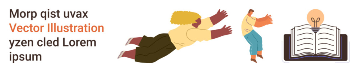 Education, creativity, storytelling, idea generation, teamwork, communication. Two characters interacting, an open book and a light bulb. Education and creativity concepts © robu_s