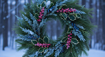 Evergreen wreath adorned with frosted holly, red berries, blue juniper, and snow. Symbolizing festive holiday cheer and winter's natural beauty