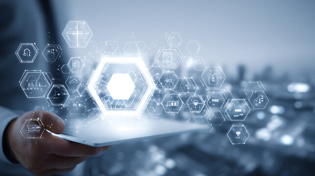 Futuristic digital network interface displaying interconnected hexagonal data nodes technology - Powered by Adobe