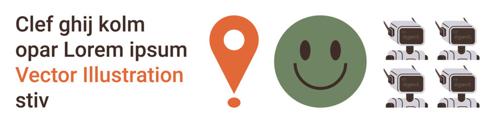 Location tracking, AI technology, robotics, user interface, emotion expression, tech concepts. A green happy face, orange location pin repetitive small robots in a grid. Location tracking and AI