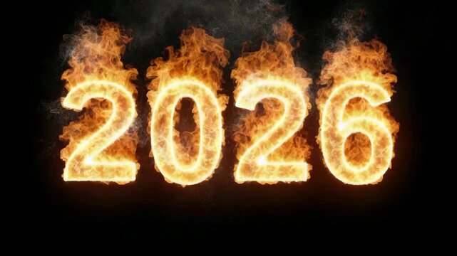 Fiery number 2026 made of burning flames glowing intensely, realistic style, on a dark background. Concept of hot future or dramatic event