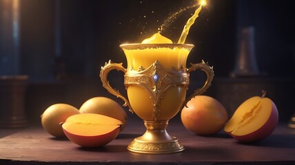 A golden chalice filled with a glowing yellow liquid, surrounded by sliced and whole mangoes on a dark surface.
