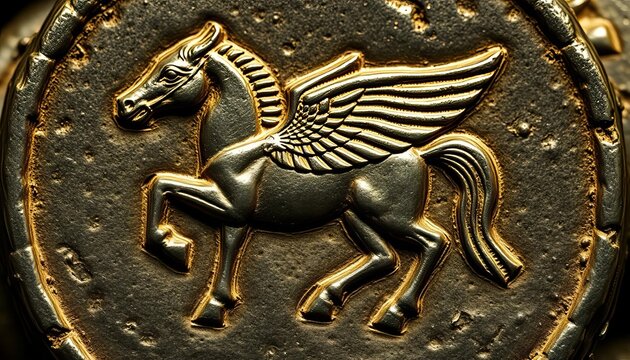 Carthaginian Tanit shekel replica, mythical winged horse,  legend, ancient coin