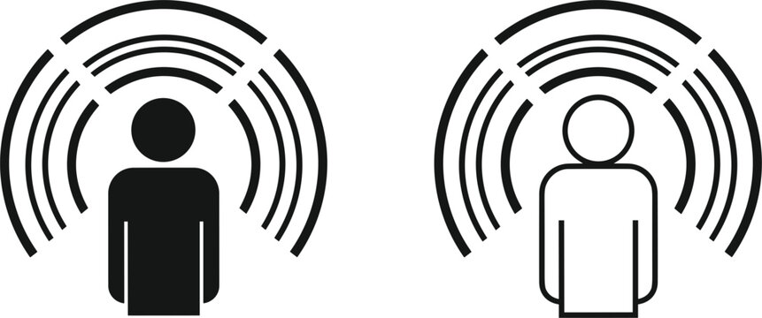 Black and White Icons Representing Sound Waves Emanating from a Person Silhouette signal broadcast