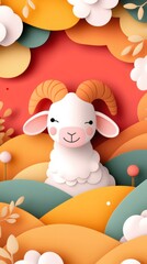 Eid Al Adha Celebration Background Featuring Cute Lamb in Papercut Style