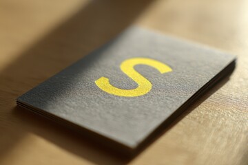 Close-Up of a Gray Business Card with a Bright Yellow Letter S on a Minimal Desk