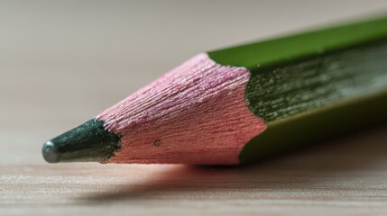 Obraz premium Close-up of a green wooden pencil with eraser on a light desk surface