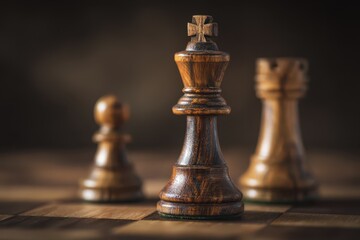 Fototapeta premium Close-up of a king chess piece confronting opposing pawns on a wooden chessboard