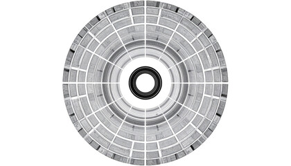 Circular grayscale abstract artwork resembling a technological construct with layered rings and a central dark core