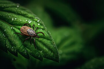 Naklejka premium Close-up of a tiny tick on a lush leaf in a sunlit forest, detailed texture and natural greens